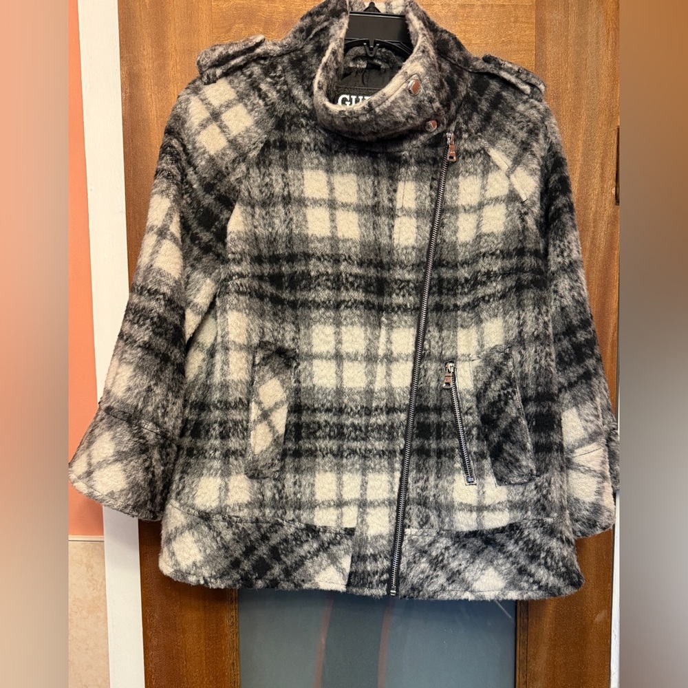 Guess Los Angeles 1981 B &W Plaid Wool Moto 3/4 Sleeve Y2K Asymmetrical Jacket